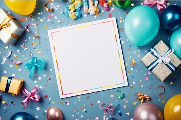 Фото Открытка с днем рождения, окруженная воздушными шарами и конфетти