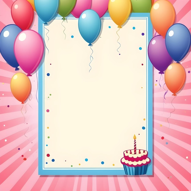 写真 中央にバルーンが付いたピンクの背景のケーキとカップケーキの誕生日カード