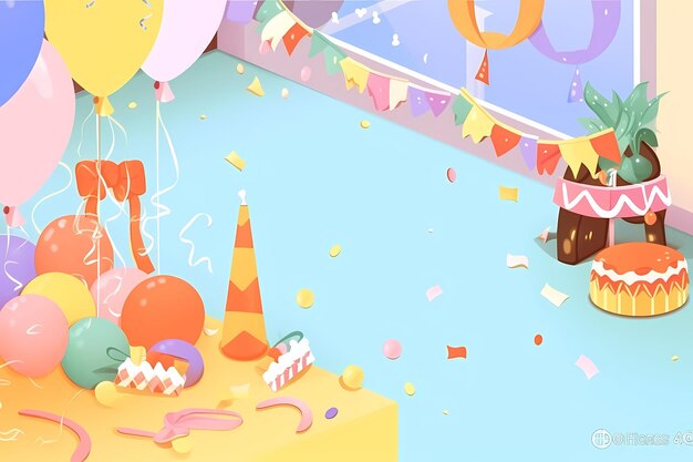 사진 테이블 위에 풍선과 생일 케이크가 있는 생일 파티.