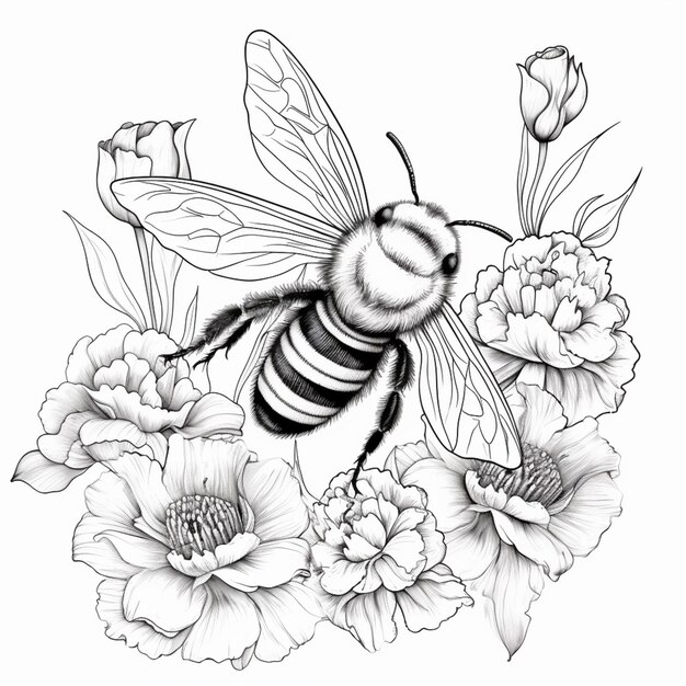 사진 꽃이 있는 벌의 흑백 그림