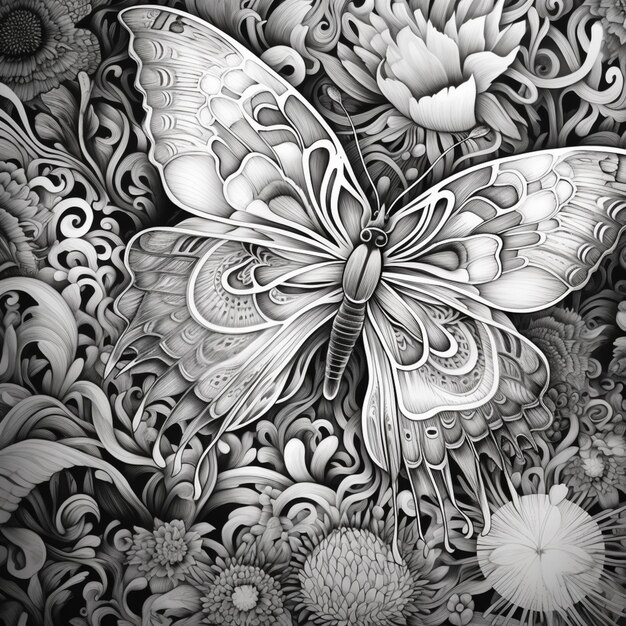 写真 花に囲まれた蝶の黒と白の絵