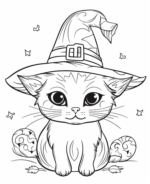 Фото Черно-белый рисунок кошки в шляпе ведьмы