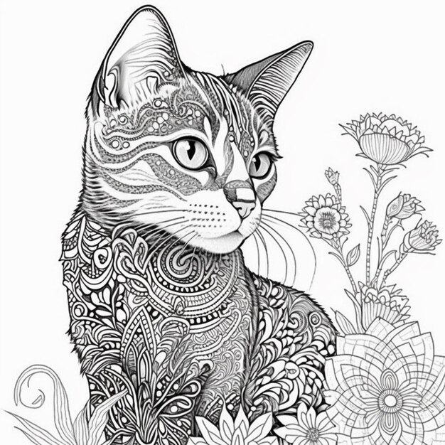 写真 背景に花が描かれた猫の黒と白の絵