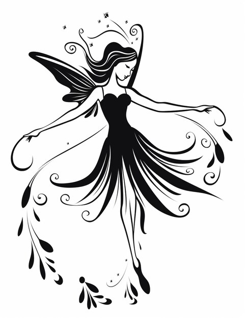 Фото Черно-белый рисунок феи с длинным платьем