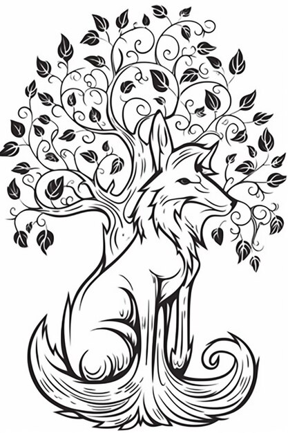 Фото Черно-белый рисунок лисы, сидящей под деревом