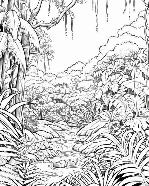 写真 木や植物が描かれたジャングルのシーンを描いた白黒の描画 ai