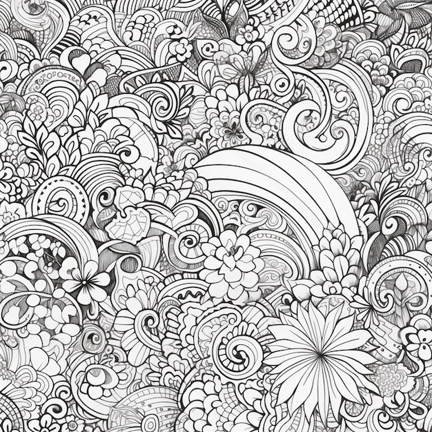 写真 大量の花を描いた黒と白の絵