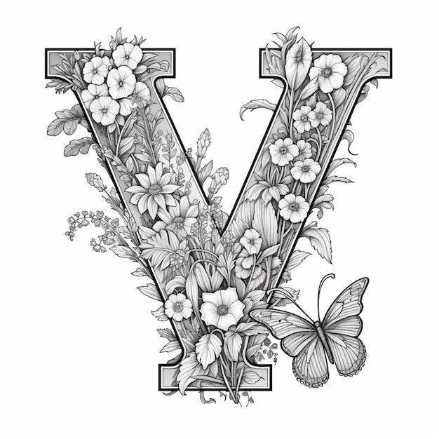 Фото Черно-белый рисунок буквы v с цветами и бабочками