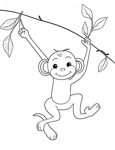 Фото Черно-белый рисунок обезьяны, висящей на ветке дерева