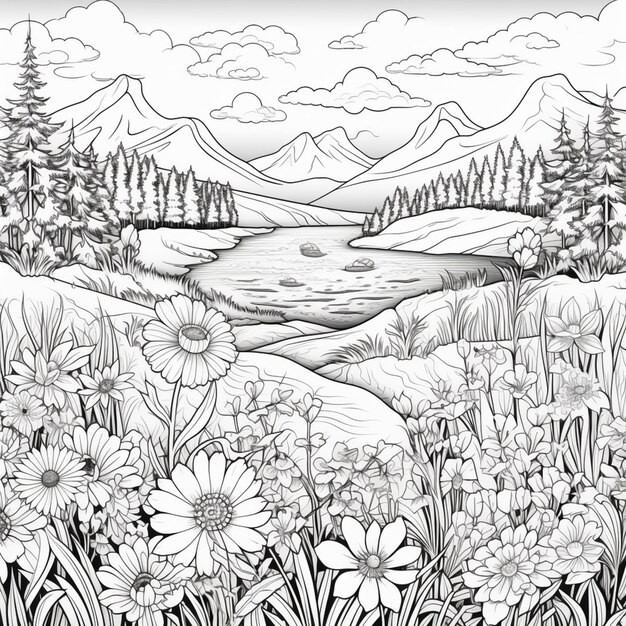 Фото Черно-белый рисунок горного пейзажа с цветами