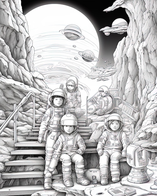 Фото Черно-белый рисунок космического корабля с астронавтами