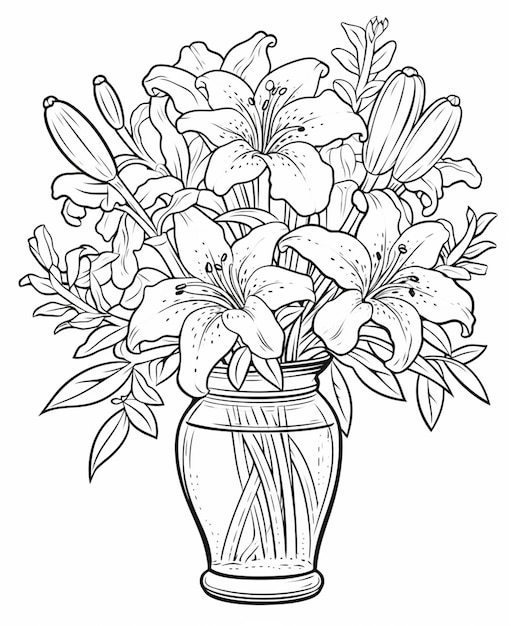 Фото Черно-белый рисунок вазы с цветами в ней генеративный ай