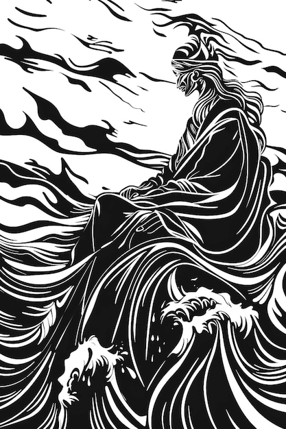 写真 a black and white drawing of a woman sitting on a wave