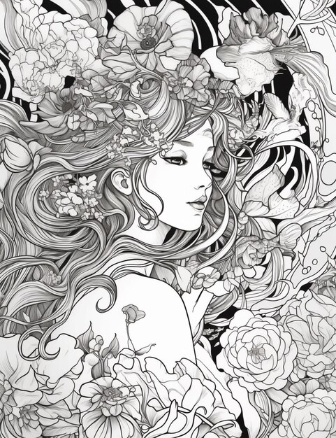 写真 黒と白の絵での毛に花をつけた女性が描かれています