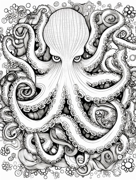 Фото Черно-белый рисунок осьминога с большим количеством щупальцев