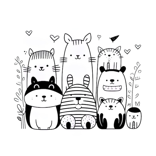 Фото Черно-белый рисунок кошек и деревьев