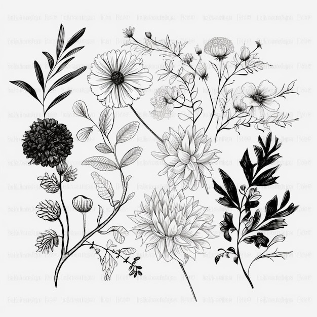 Фото Черно-белый рисунок цветов и листьев, генеративный ai