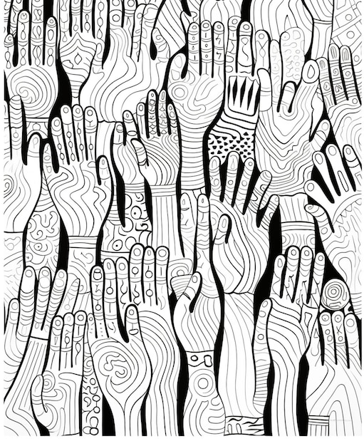Фото Черно-белый рисунок многих рук с различными узорами
