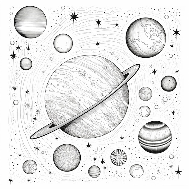 Фото Черно-белый рисунок планет и звезд генеративный ai