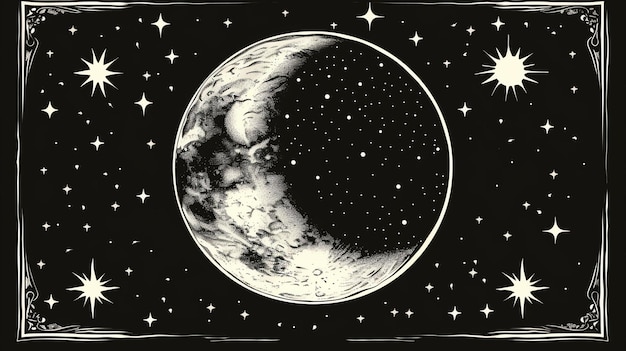 Фото Черно-белый рисунок луны на звездном фоне луна находится в центре изображения и окружена звездами разных размеров
