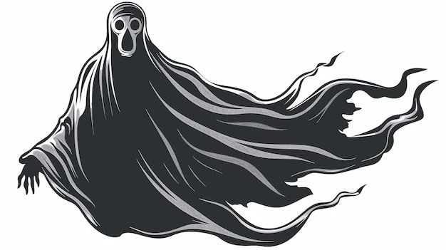 写真 黒と白の幽霊のイラスト 幽霊は破れたマントを着ており 幽霊の顔と口が開いて叫んでいます