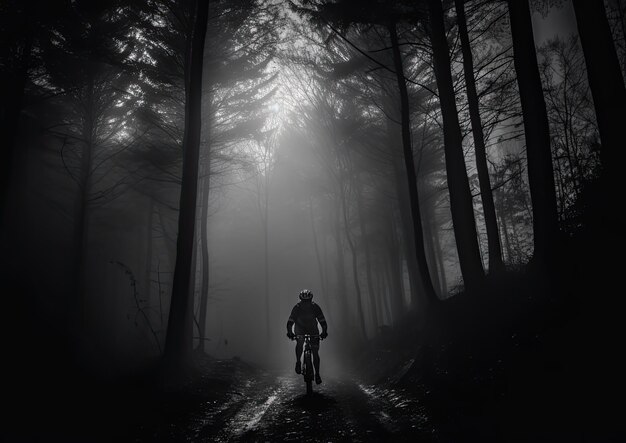 写真 霧に包まれた霧の森を通るサイクリストの白黒の画像