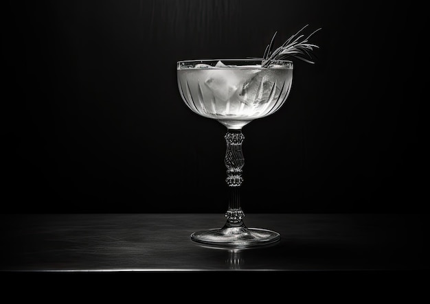 Фото Черно-белое изображение винтажного коктейльного бокала, наполненного джином физз, подчеркивающее классику.