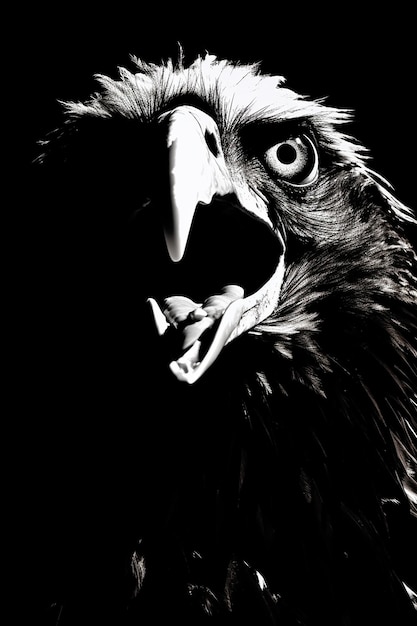 写真 くちばしを開いた鷹の白黒写真。