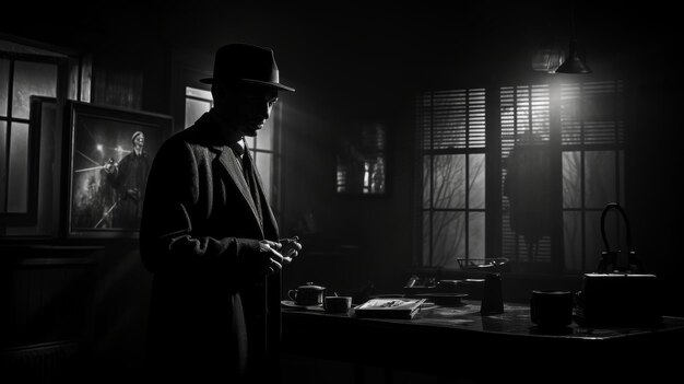 사진 모자와 코트를 입은 남자가 어두운 방에 서서 총을 들고 그것을 바라보고 있는 흑백 사진