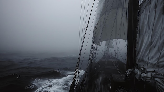 Фото Черно-белая фотография парусной лодки в море корабль толкается ветром, а волны бьются о боковую сторону корабля