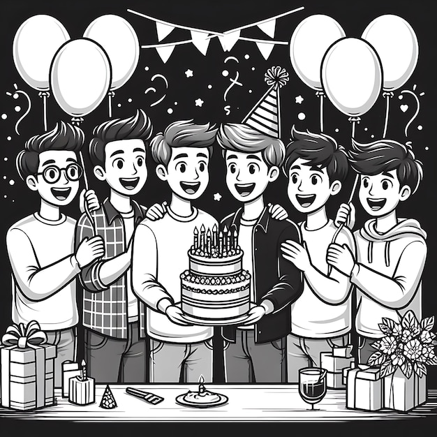 Фото Черно-белый снимок группы детей с тортом на нем