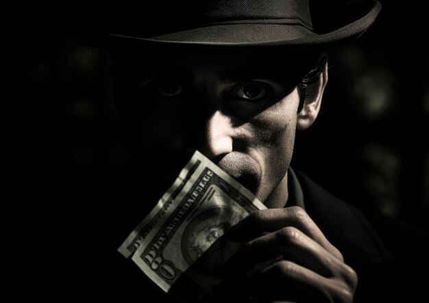 Фото Черно-белый портрет мужчины, держащего долларовую банкноту, с драматическим освещением, бросающим глубокие глаза.