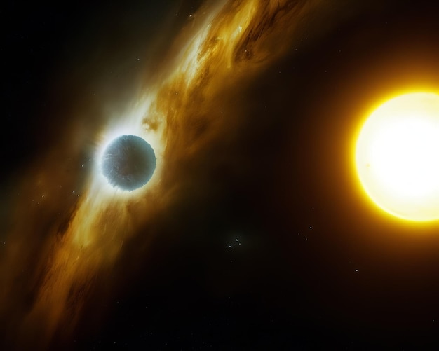 写真 黒と黄色の惑星は、黒と黄色の惑星の中心にあります。