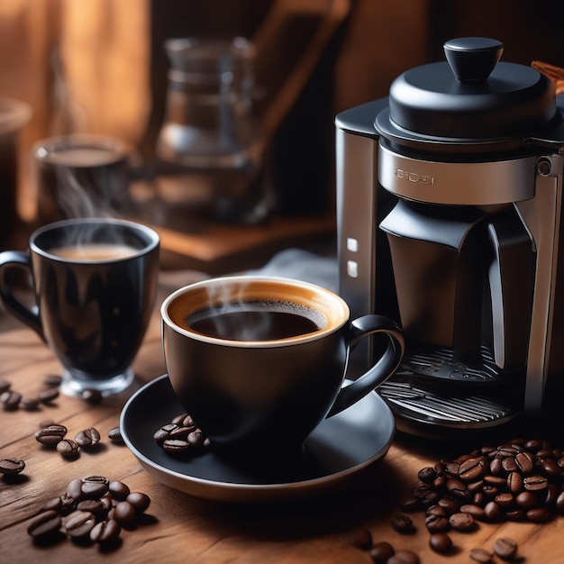写真 カフェの背景にコーヒーとコーヒーメーカーの黒い袋