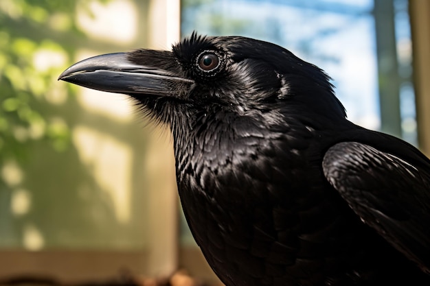 写真 黒い鳥が窓の前に立っています
