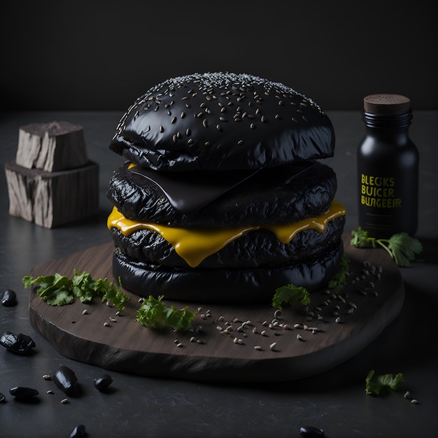 Фото Черный бургер с сыром и бутылка черного соуса.