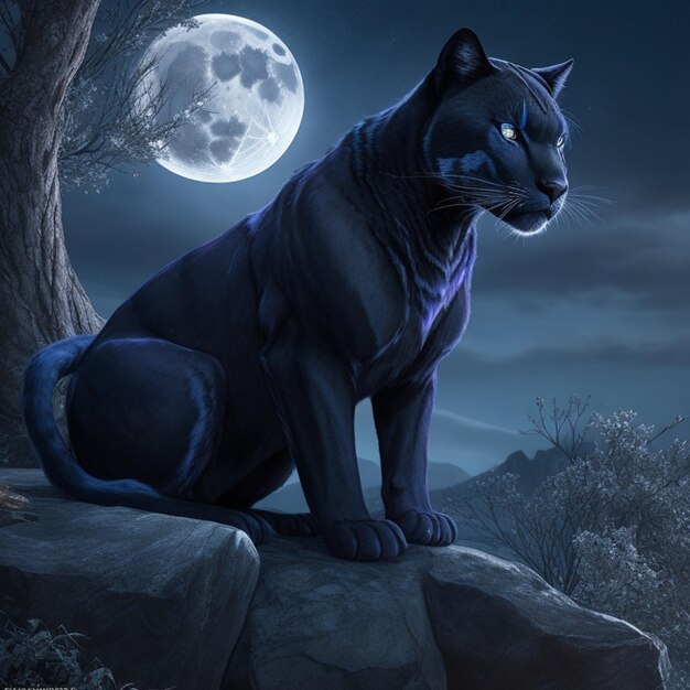 Фото Черная кошка с полной луной на заднем плане