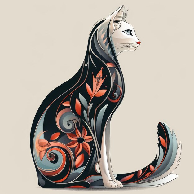 写真 身体にオレンジと白のデザインの黒い猫花の装飾の装飾猫