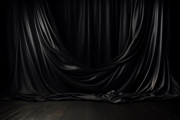 写真 木製の床を持つ黒いカーテン