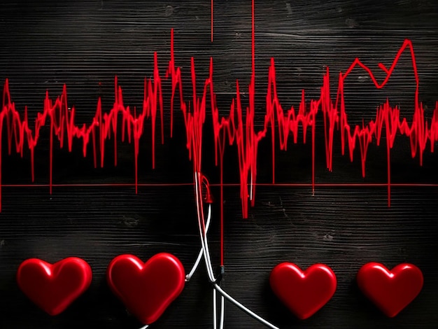 Фото Черная электрокардиограмма с красными музыкальными нотами и красными сердцами hd свободное изображение