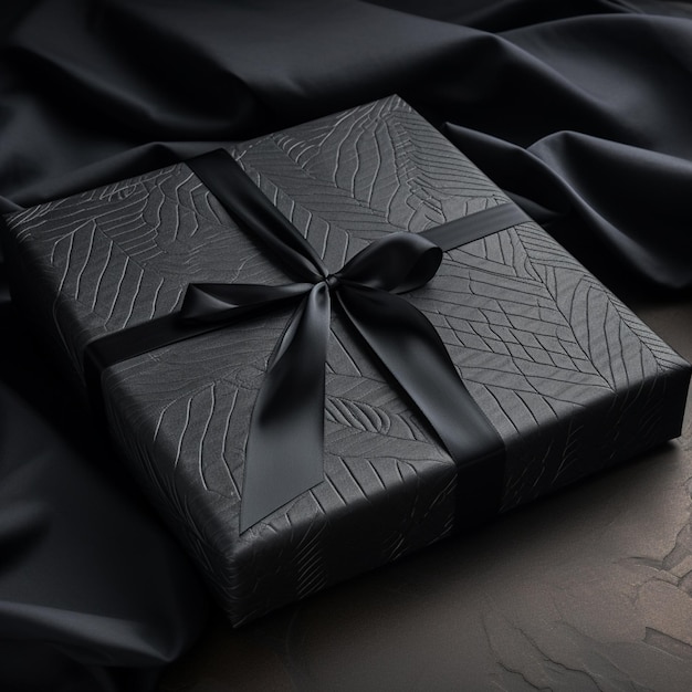 Фото Черная подарочная коробка с темной оберткой в стиле роскошных текстур