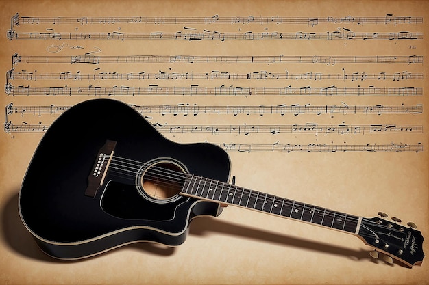 写真 a black guitar with the word the word guitar on the bottom