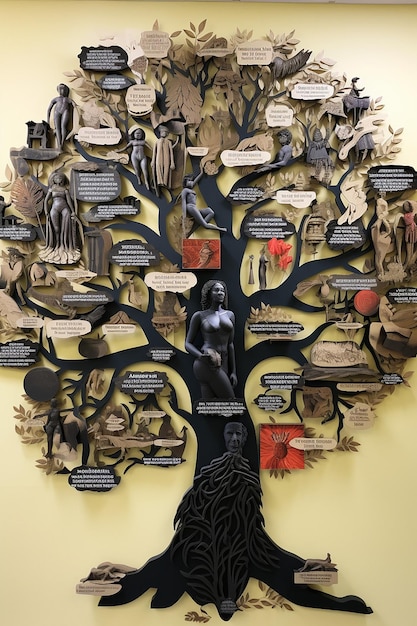 写真 ブラック・ヒストリー・ムーン (black history month) の3dポスターで木の根と枝が重要人物の名前を表しています