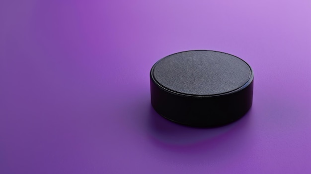 写真 黒いホッケーパックが紫色の表面に置かれていますパックは丸く平らで表面はわずかに質感があります
