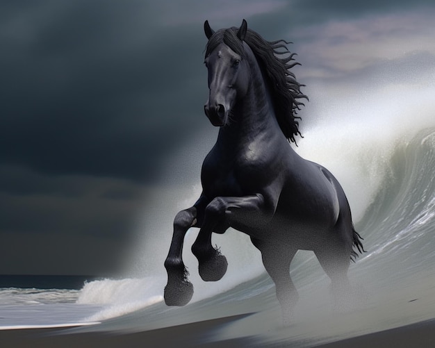 Черный конь стоит на волне перед большой белой волной. | Премиум Фото