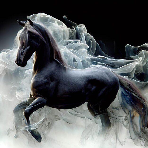 Фото Бежит черная лошадь с черной гривой и хвостом.