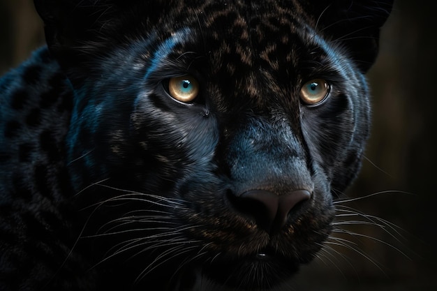 写真 この画像には黒いジャガーの顔が表示されています。