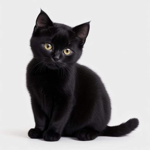 Фото Черный котенок сидит на белом фоне.