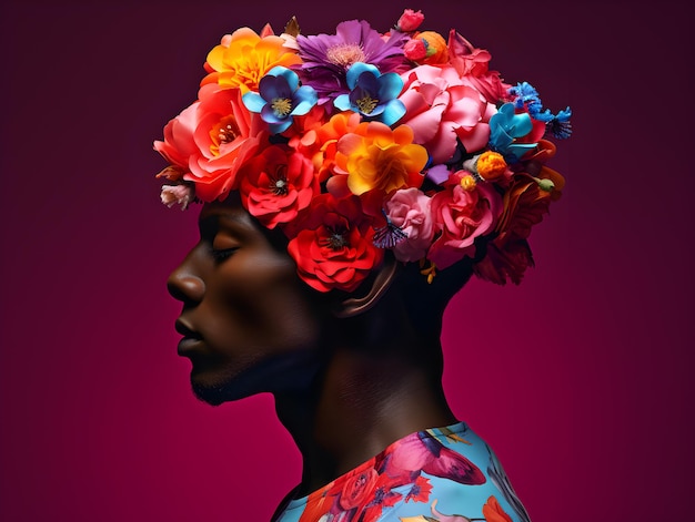 a_black_man_holding_a_face_with_colorful_bgs_in_the_flowers