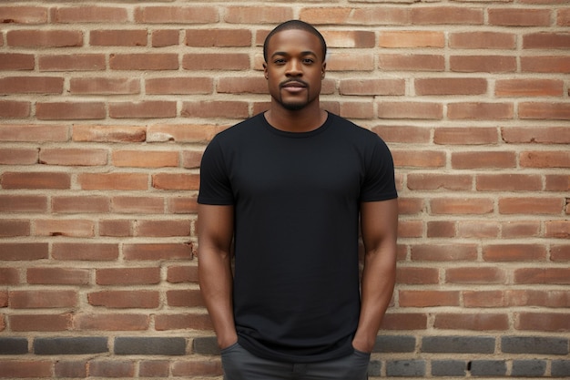 사진 벽돌 벽 앞에 서 있는 검은 티셔츠를 입은 흑인 남자